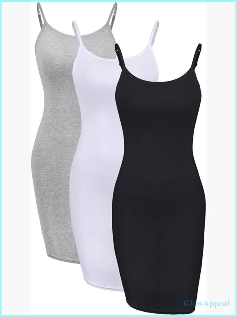 3 Pack Long Cami Tank Dress Slips for Layering Spaghetti Strap Bodycon